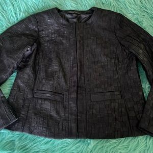 Black ribbon quilted blazer L wet look slick sheen one button Brandon Thomas NEW